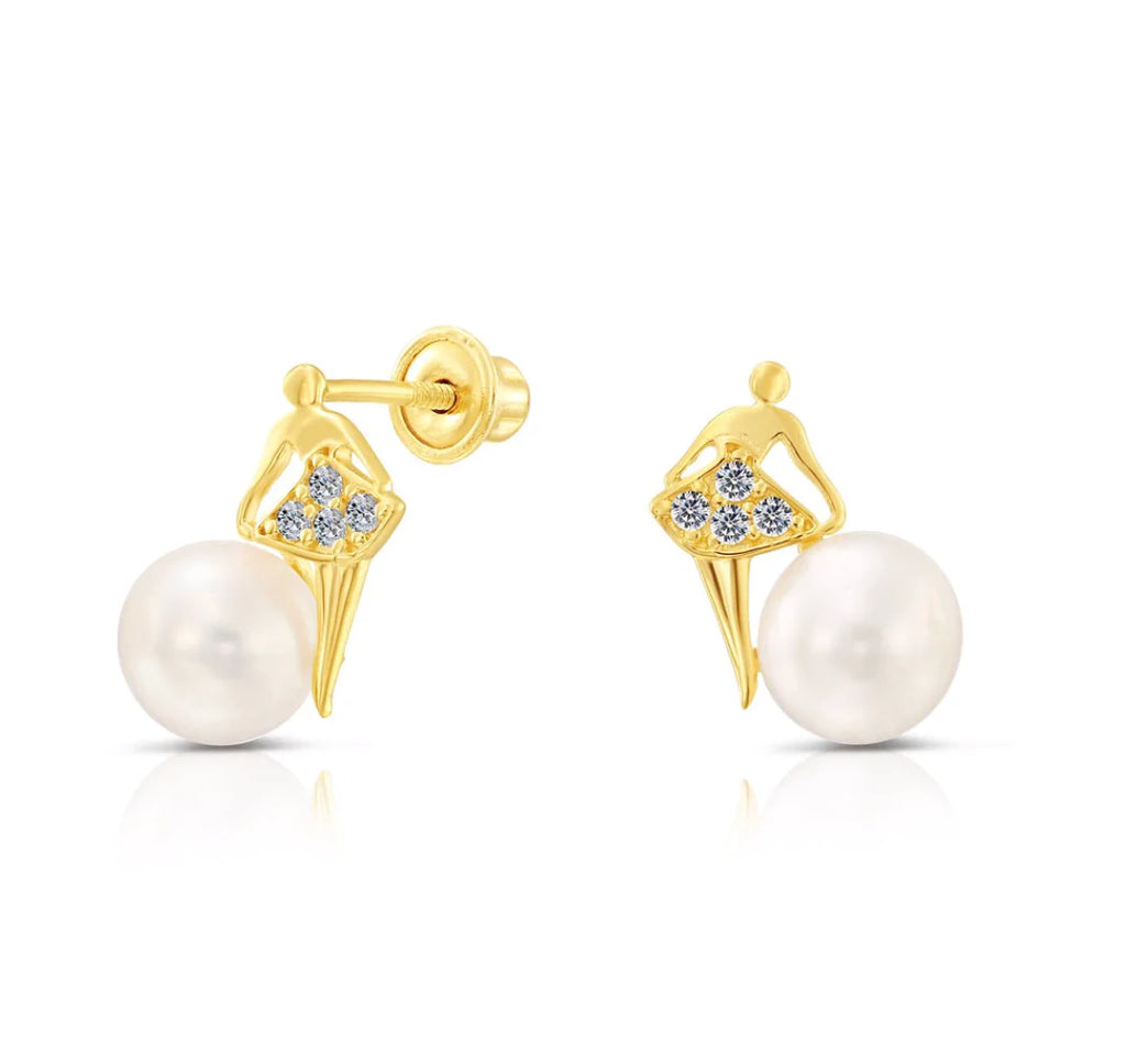 10k Yellow Gold Ballerina Freshwater Pearl Stud Earrings