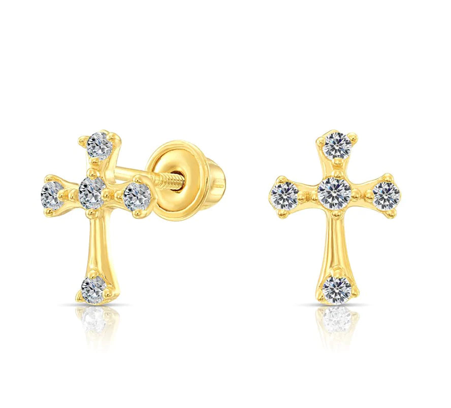 10k Yellow Gold Cross CZ Stud Earrings