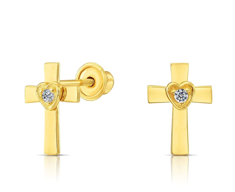 10k Yellow Gold Cross & Heart Stud Earrings