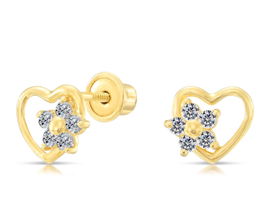 10k Yellow Gold Heart & Flower Stud Earring