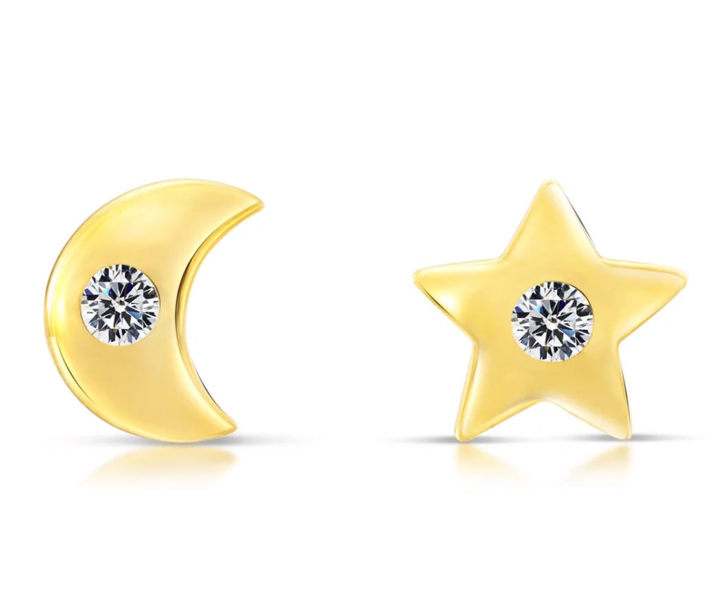 10k Yellow Gold Star and Moon Stud Earrings