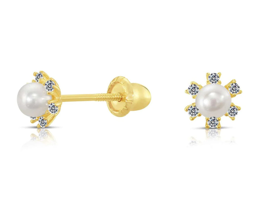 10k Yellow Gold Flower Freshwater Pearl Stud Earrings