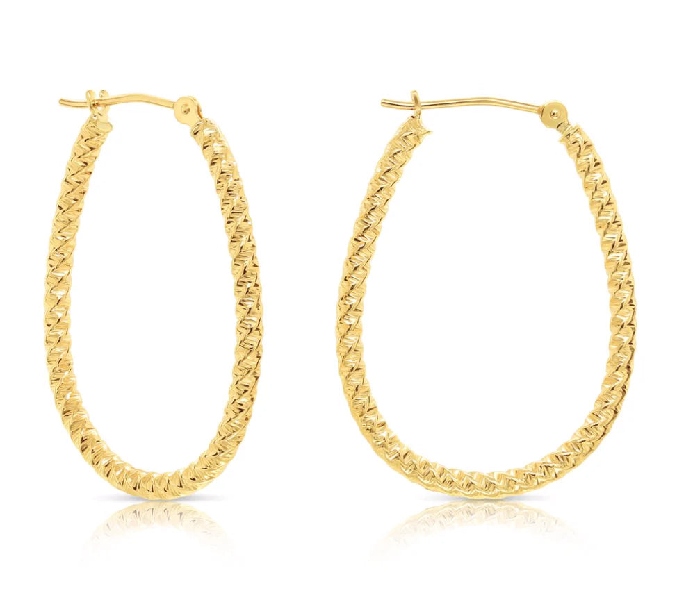 14k Yellow Gold Oval Hoop Earrings with Spiral Diamond Cut
