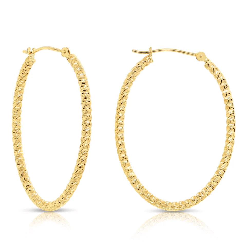 14k Yellow Gold Oval Hoop Earrings with Spiral Diamond Cut Design