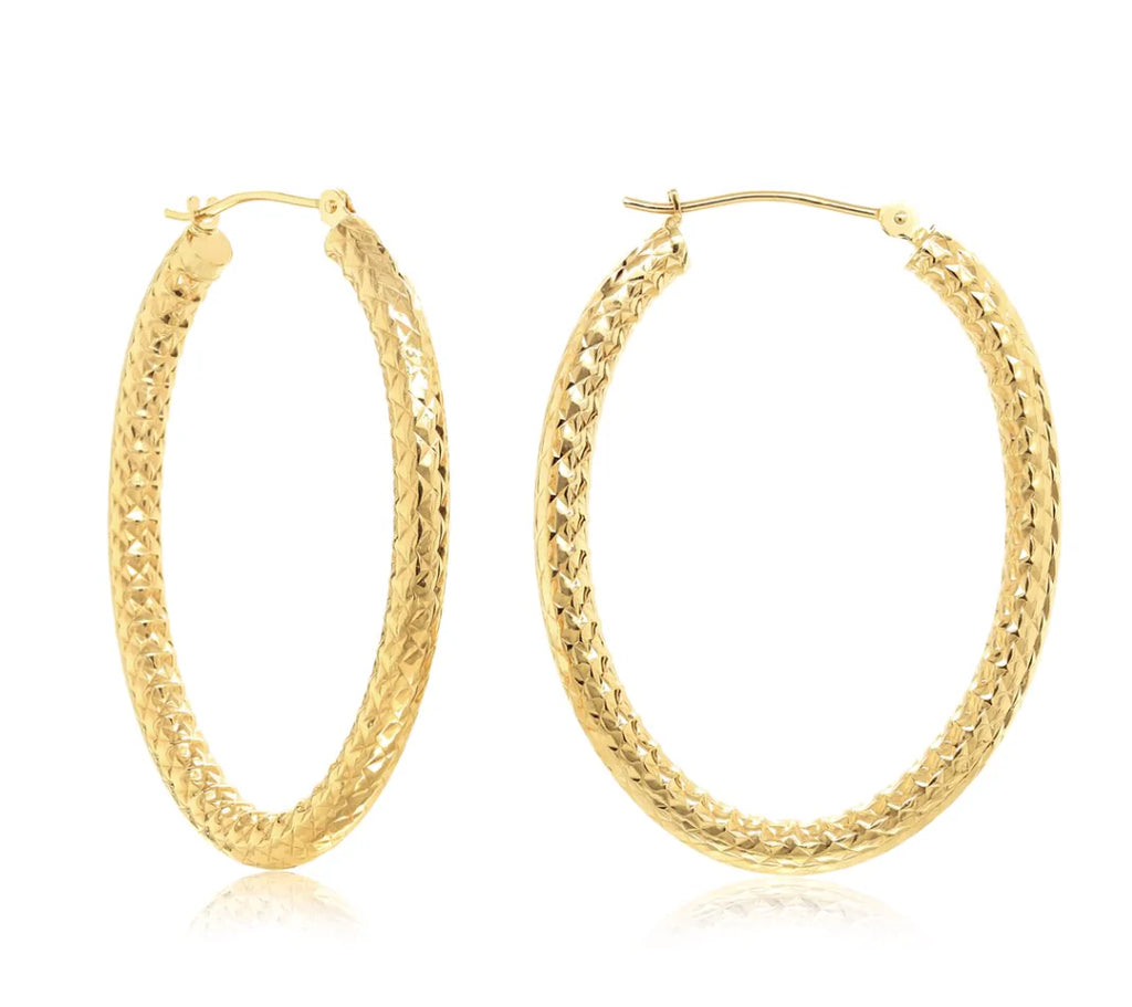 14k Yellow Gold Oval Hoop Earrings with Alligator Diamond Cut Design