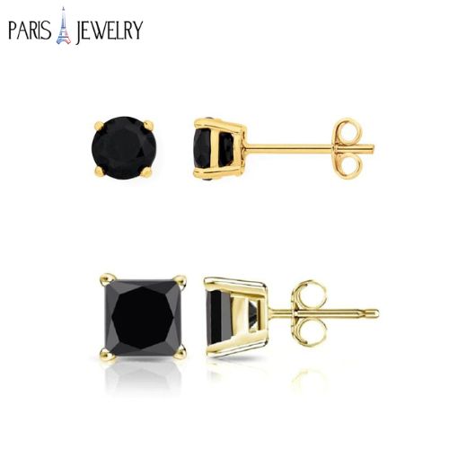 Paris Jewelry 18K Yellow Gold Created Black Sapphire 2 Carat Round and Princess Stud Earrings Plated
