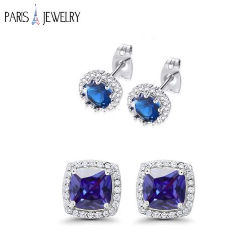 Paris Jewelry 18K White Gold Created Blue Sapphire 2 Carat Round and Princess Stud Earrings Plated
