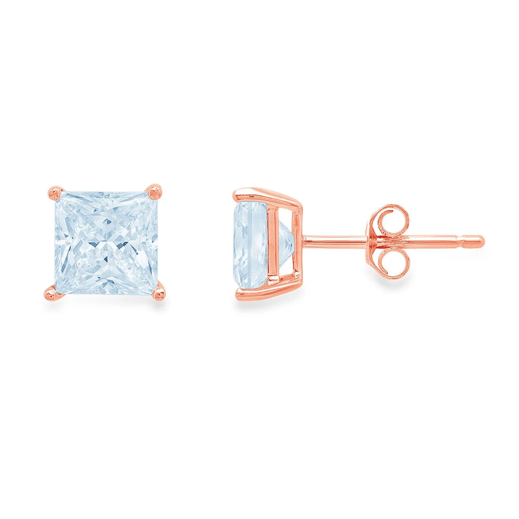 18k Rose Gold 1/2 Ct Blue Topaz Princess Cut Stud Earrings 6mm Plated