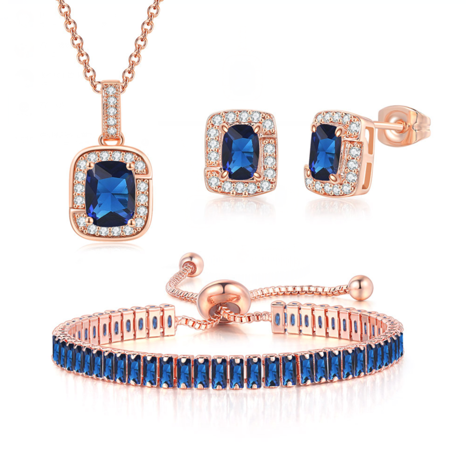 18K Rose Gold Created Blue Sapphire Princess Halo Pendant Necklace, Earrings and Tennis Bracelet Jewelry Set Plated