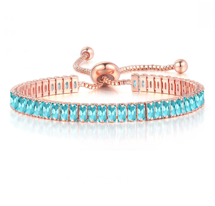 14k Rose Gold 7 Cttw Created Aqua Princess/Square Adjustable Tennis Plated Bracelet