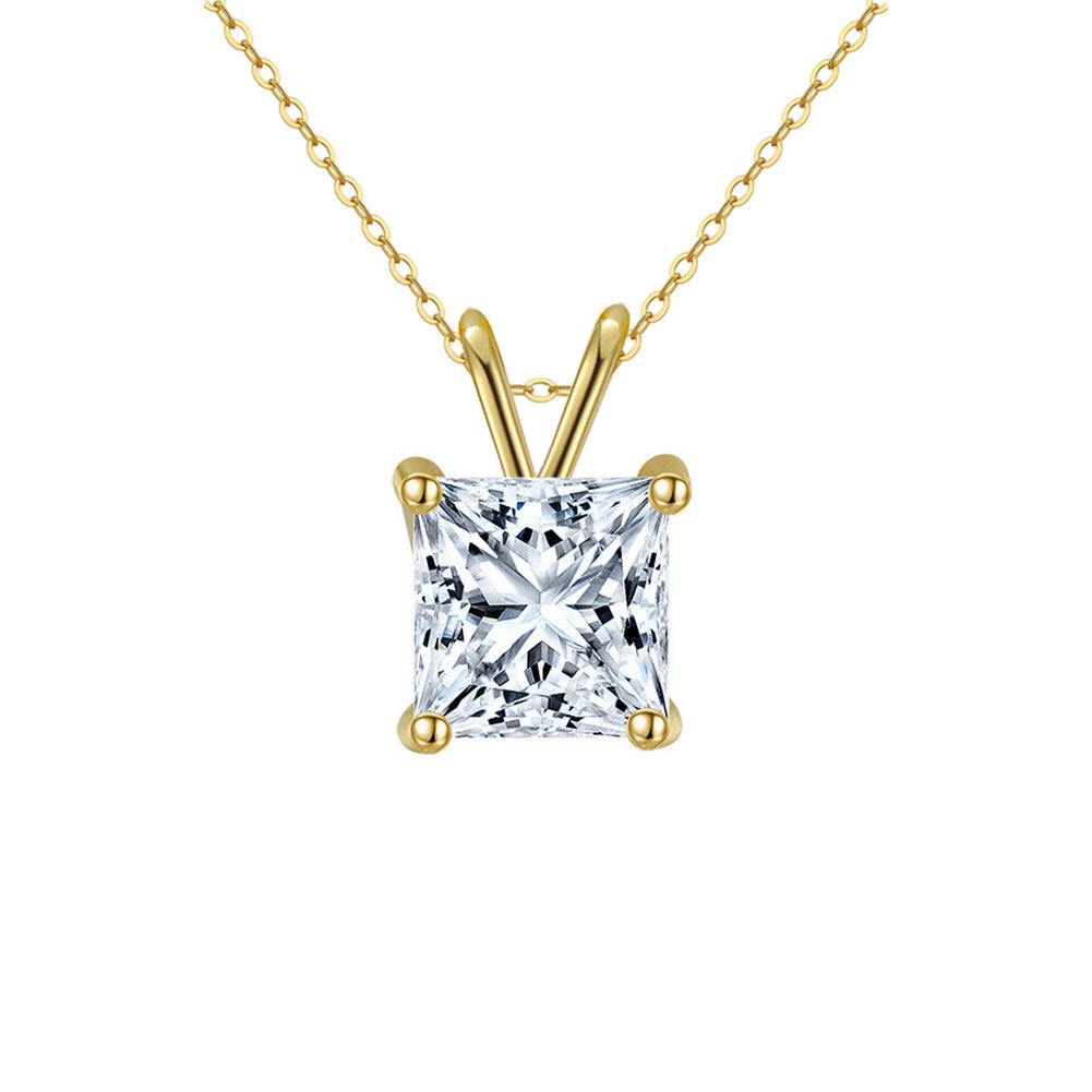 18K Yellow Gold 2 Carat Created Cubic Zirconia Princess Stud Necklace Plated 18 inch