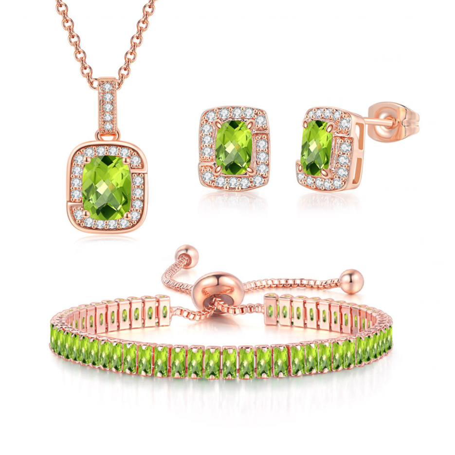 18K Rose Gold Created Peridot Princess Halo Pendant Necklace, Earrings and Tennis Bracelet Jewelry Set Plated