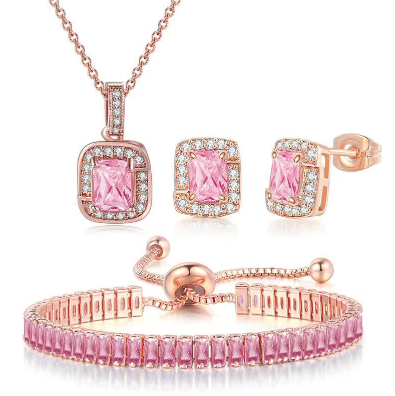 18K Rose Gold Created Pink Sapphire Princess Halo Pendant Necklace, Earrings and Tennis Bracelet Jewelry Set Plated