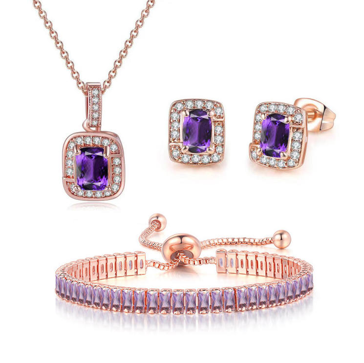 18K Rose Gold Created Amethyst Princess Halo Pendant Necklace, Earrings and Tennis Bracelet Jewelry Set Plated