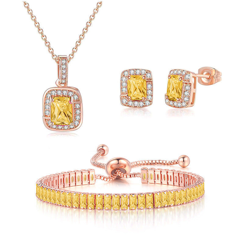 18K Rose Gold Created Citrine Princess Halo Pendant Necklace, Earrings and Tennis Bracelet Jewelry Set Plated