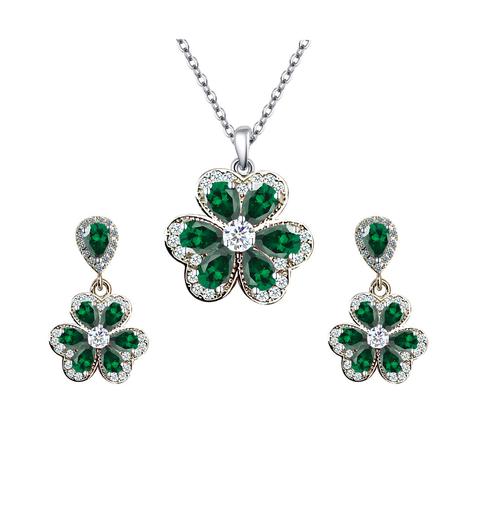 18K White Gold Created Emerald, White Sapphire Flower Necklace and Earrings Set Plated