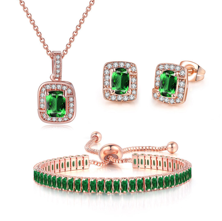 18K Rose Gold Created Emerald Princess Halo Pendant Necklace, Earrings and Tennis Bracelet Jewelry Set Plated