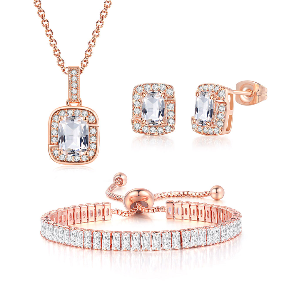 18K Rose Gold Created White Sapphire Princess Halo Pendant Necklace, Earrings and Tennis Bracelet Jewelry Set Plated