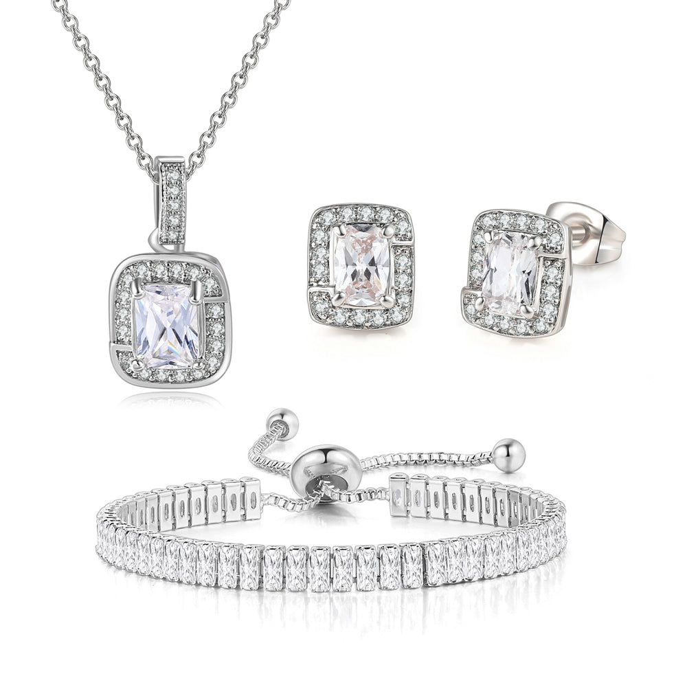 18K White Gold Created White Sapphire Princess Halo Pendant Necklace. Earrings and Tennis Bracelet Jewelry Set Plated