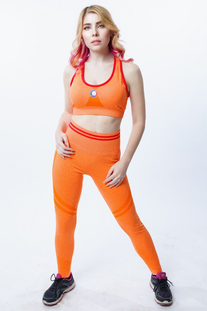 Paris Brand 2 Piece Orange Sports Bra Seamless Leggings Women Yoga Gym Fitness Workout Sportswear Set