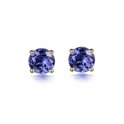 18k Yellow Gold Plated 1/4 Carat Round Created Tanzanite Stud Earrings 4mm