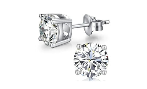 18k White Gold Plated 1/4 Carat Round Created White Sapphire Stud Earrings 4mm