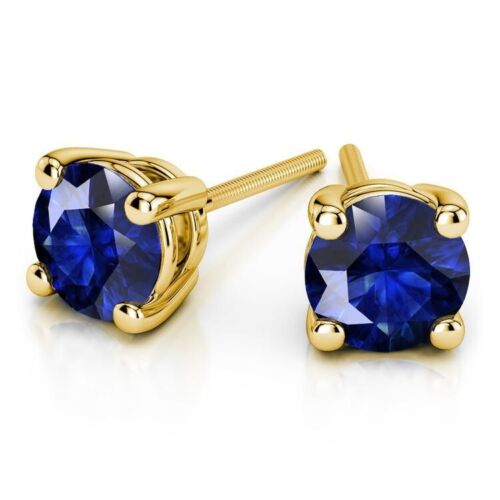 18k Yellow Gold Plated 1/4 Carat Round Created Blue Sapphire Stud Earrings 4mm