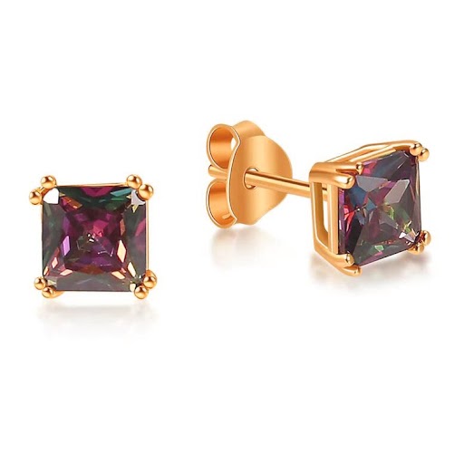 18k Rose Gold 1/4 Ct Mystic Topaz Princess Cut Stud Earrings 4mm Plated